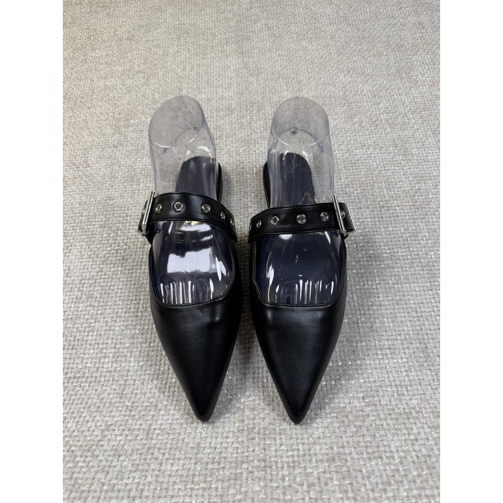 Billini Halsy Black Pointed Toe Buckle Grommet Flat Mules Womens 9 Like New